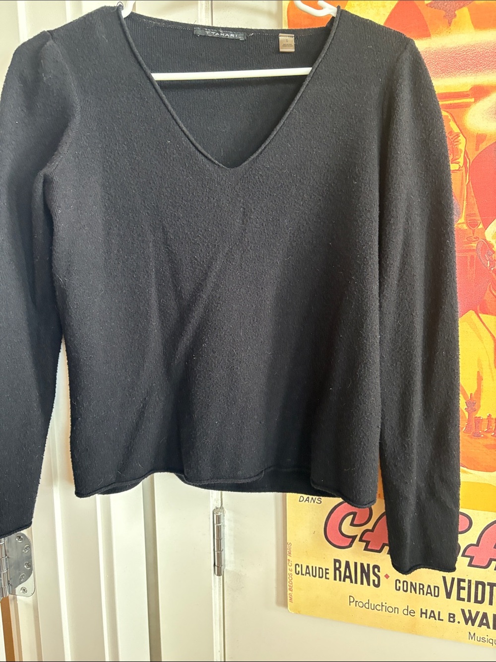 Tahari Black Ribbed V-Neck Sweater Top